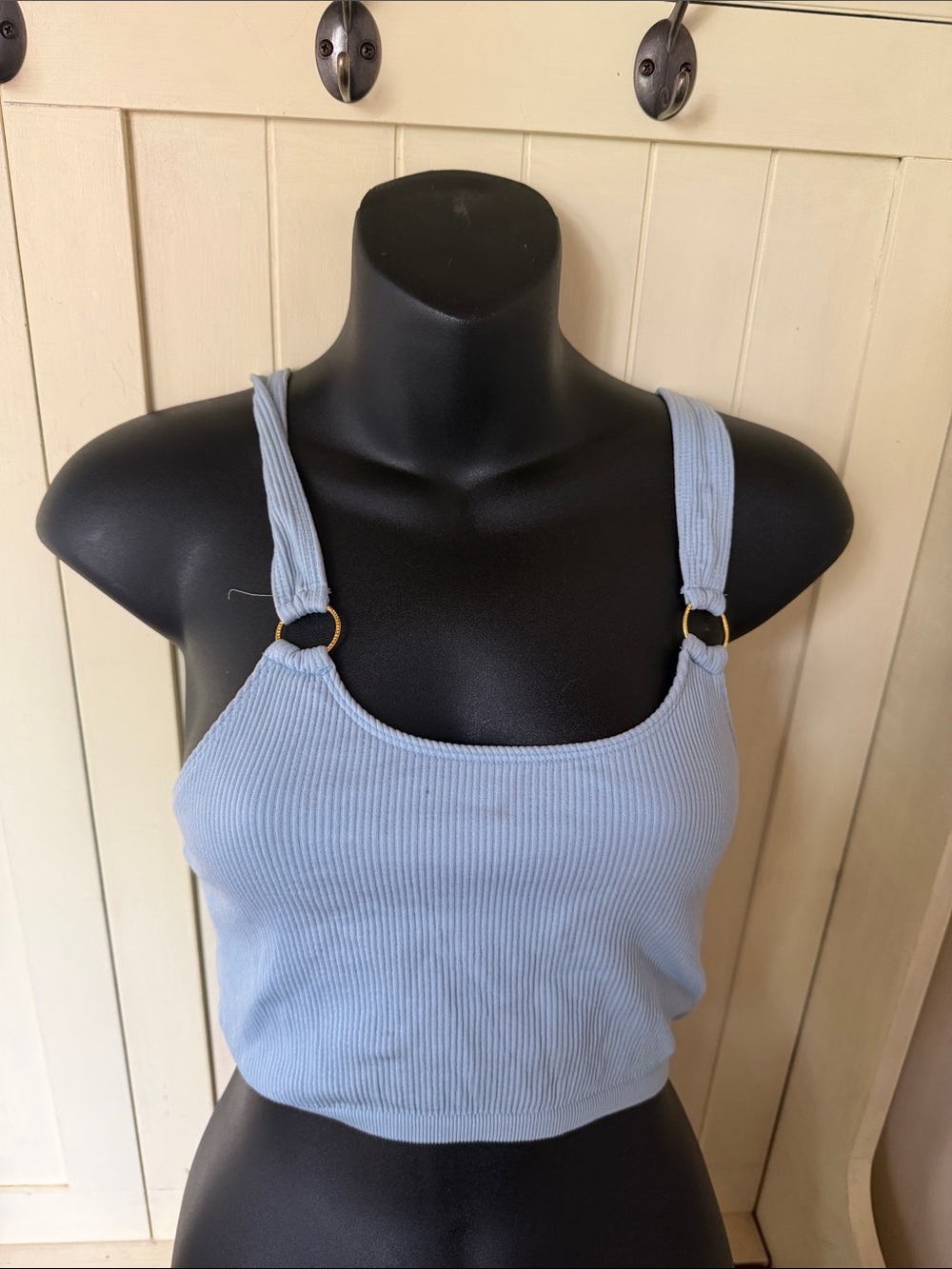 aerie Pale Blue Ribbed Crop Tank with Gold Ring Straps